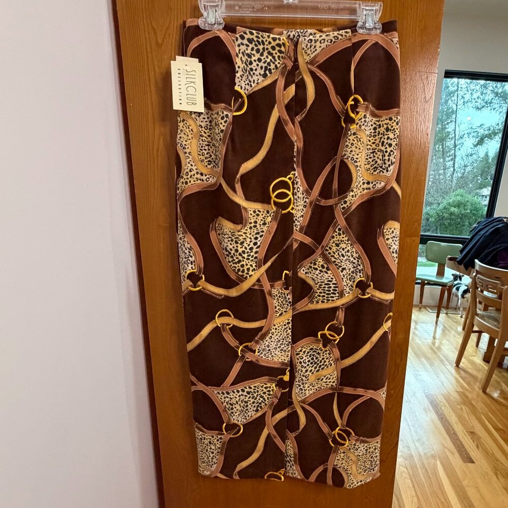 WMNS 8 Vintage Silk Club Collection Equestrian & Leopard Midi Skirt Lauren style